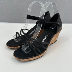 Teva Riviera Leather Strappy Cork Wedge Heel Sandals Womens 9 Black Ankle Strap
